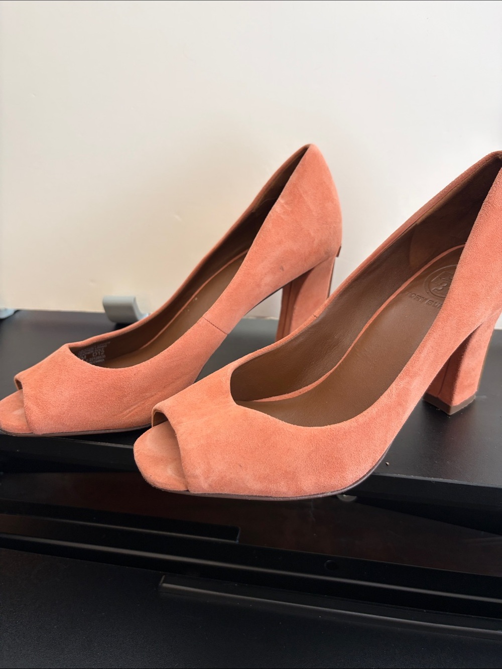 Tory Burch Coral Suede Peep-Toe Block Heels - Picture 3 of 6